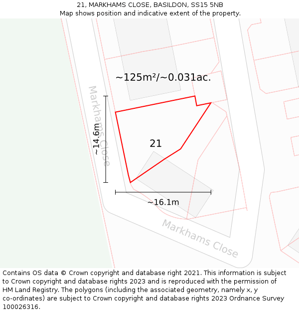 21, MARKHAMS CLOSE, BASILDON, SS15 5NB: Plot and title map