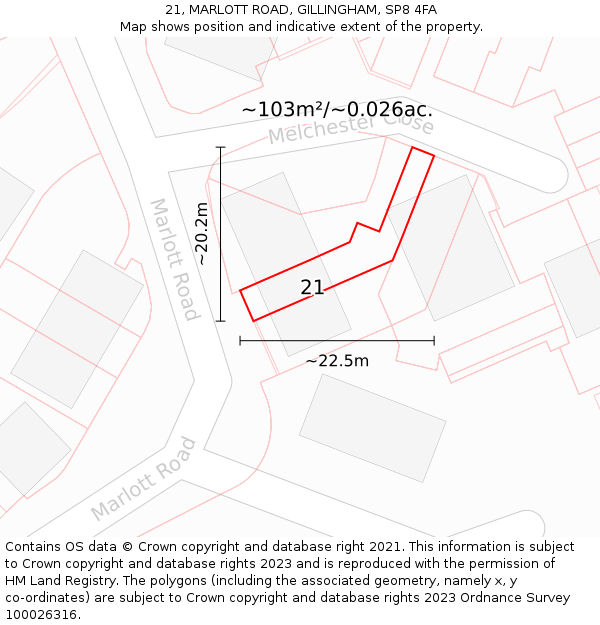 21, MARLOTT ROAD, GILLINGHAM, SP8 4FA: Plot and title map