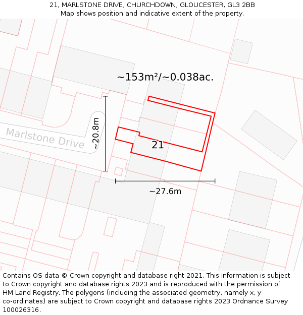 21, MARLSTONE DRIVE, CHURCHDOWN, GLOUCESTER, GL3 2BB: Plot and title map