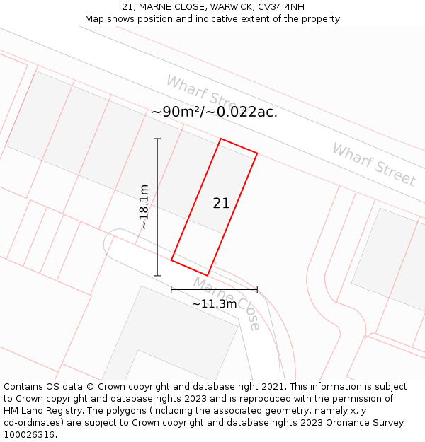 21, MARNE CLOSE, WARWICK, CV34 4NH: Plot and title map