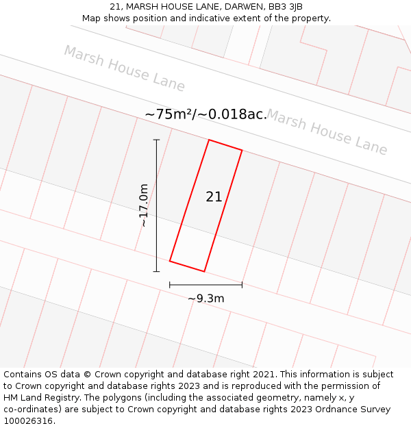21, MARSH HOUSE LANE, DARWEN, BB3 3JB: Plot and title map