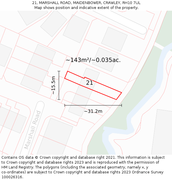 21, MARSHALL ROAD, MAIDENBOWER, CRAWLEY, RH10 7UL: Plot and title map