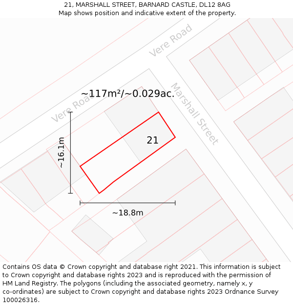 21, MARSHALL STREET, BARNARD CASTLE, DL12 8AG: Plot and title map