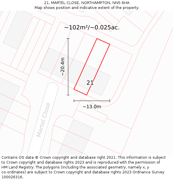 21, MARTEL CLOSE, NORTHAMPTON, NN5 6HA: Plot and title map
