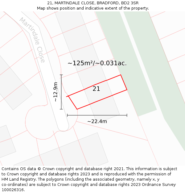21, MARTINDALE CLOSE, BRADFORD, BD2 3SR: Plot and title map