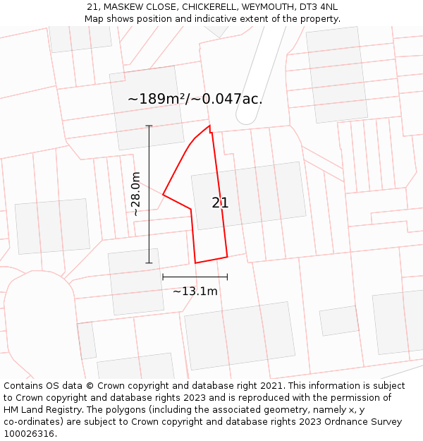 21, MASKEW CLOSE, CHICKERELL, WEYMOUTH, DT3 4NL: Plot and title map