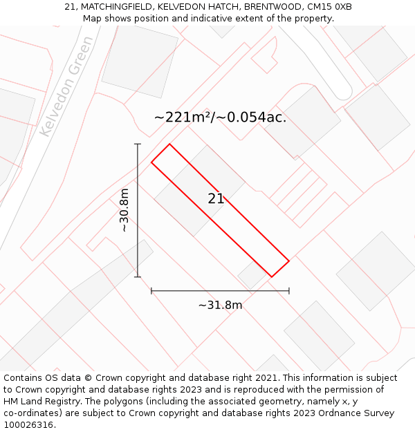 21, MATCHINGFIELD, KELVEDON HATCH, BRENTWOOD, CM15 0XB: Plot and title map