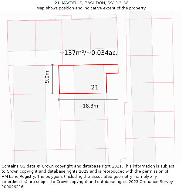 21, MAYDELLS, BASILDON, SS13 3HW: Plot and title map