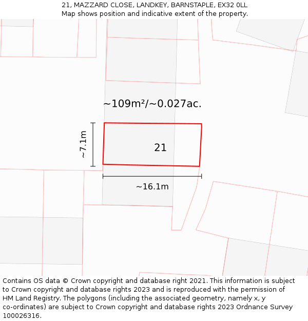21, MAZZARD CLOSE, LANDKEY, BARNSTAPLE, EX32 0LL: Plot and title map
