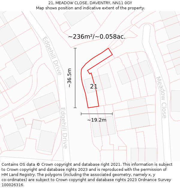 21, MEADOW CLOSE, DAVENTRY, NN11 0GY: Plot and title map