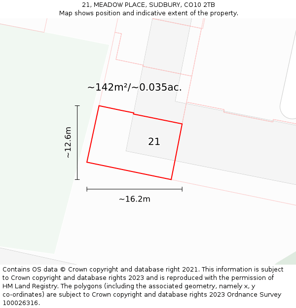 21, MEADOW PLACE, SUDBURY, CO10 2TB: Plot and title map