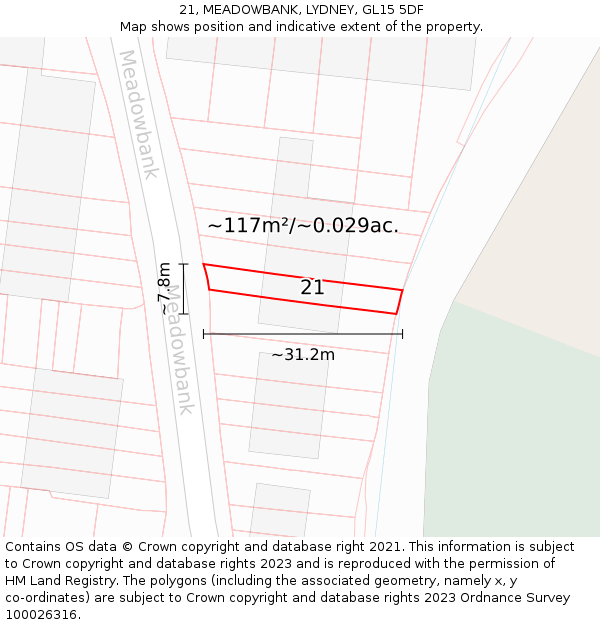 21, MEADOWBANK, LYDNEY, GL15 5DF: Plot and title map