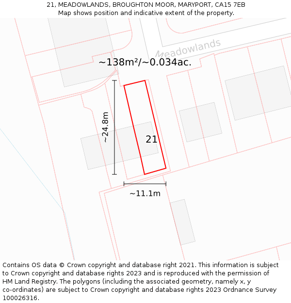 21, MEADOWLANDS, BROUGHTON MOOR, MARYPORT, CA15 7EB: Plot and title map