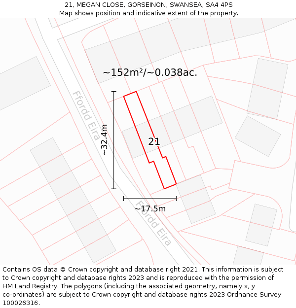 21, MEGAN CLOSE, GORSEINON, SWANSEA, SA4 4PS: Plot and title map