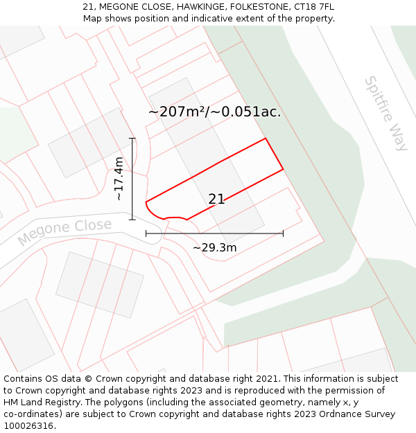 21, MEGONE CLOSE, HAWKINGE, FOLKESTONE, CT18 7FL: Plot and title map