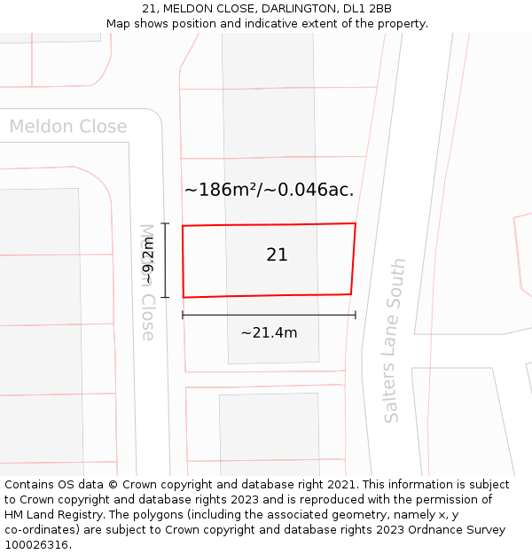 21, MELDON CLOSE, DARLINGTON, DL1 2BB: Plot and title map