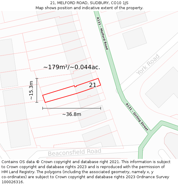 21, MELFORD ROAD, SUDBURY, CO10 1JS: Plot and title map