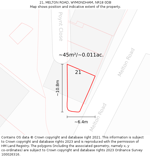 21, MELTON ROAD, WYMONDHAM, NR18 0DB: Plot and title map