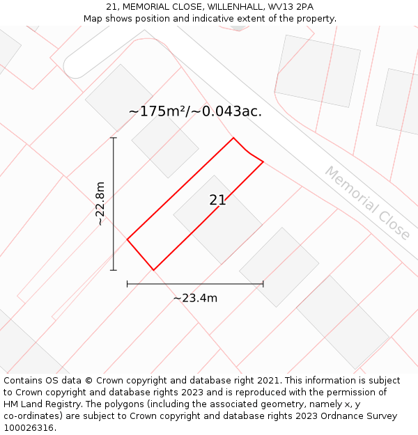 21, MEMORIAL CLOSE, WILLENHALL, WV13 2PA: Plot and title map