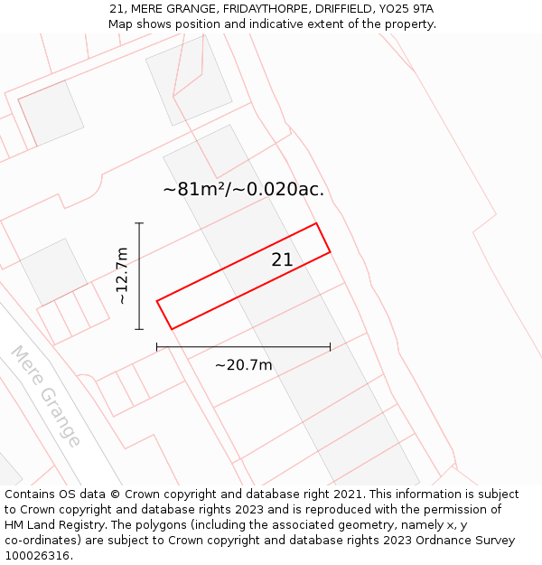 21, MERE GRANGE, FRIDAYTHORPE, DRIFFIELD, YO25 9TA: Plot and title map