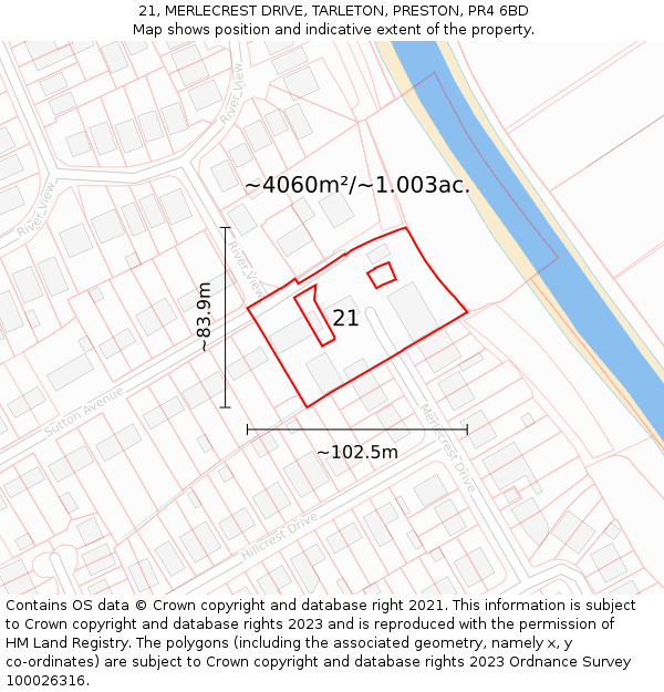 21, MERLECREST DRIVE, TARLETON, PRESTON, PR4 6BD: Plot and title map