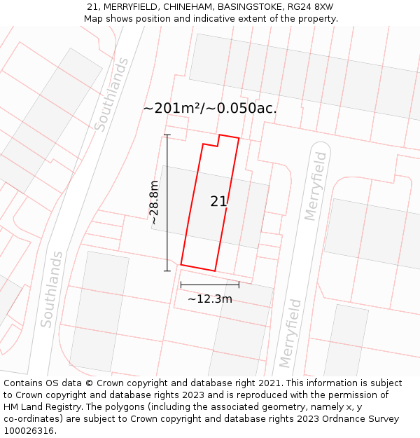 21, MERRYFIELD, CHINEHAM, BASINGSTOKE, RG24 8XW: Plot and title map