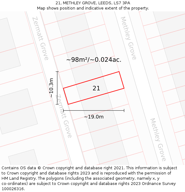 21, METHLEY GROVE, LEEDS, LS7 3PA: Plot and title map