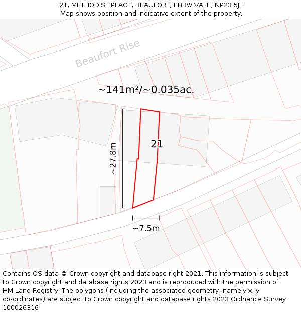 21, METHODIST PLACE, BEAUFORT, EBBW VALE, NP23 5JF: Plot and title map