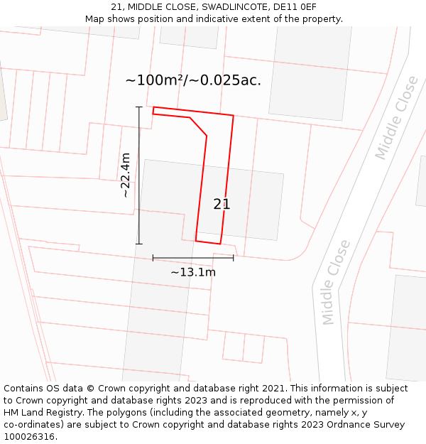 21, MIDDLE CLOSE, SWADLINCOTE, DE11 0EF: Plot and title map