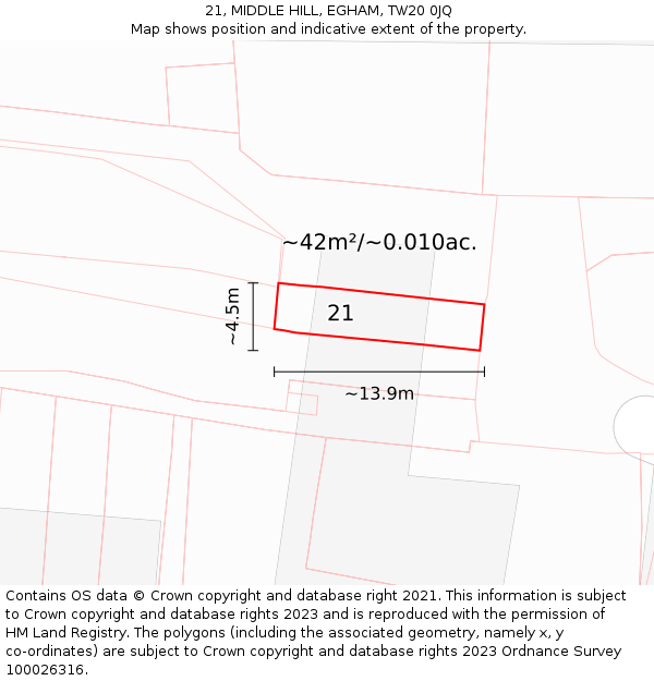 21, MIDDLE HILL, EGHAM, TW20 0JQ: Plot and title map
