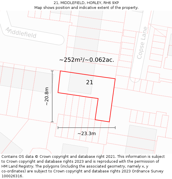 21, MIDDLEFIELD, HORLEY, RH6 9XP: Plot and title map