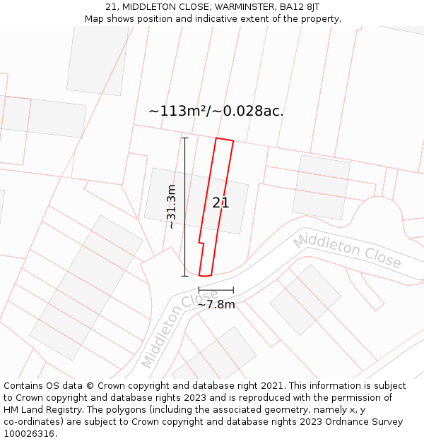 21, MIDDLETON CLOSE, WARMINSTER, BA12 8JT: Plot and title map