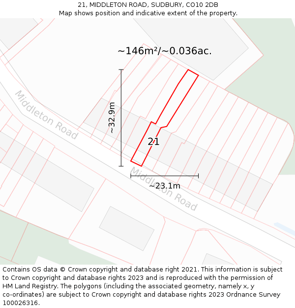 21, MIDDLETON ROAD, SUDBURY, CO10 2DB: Plot and title map