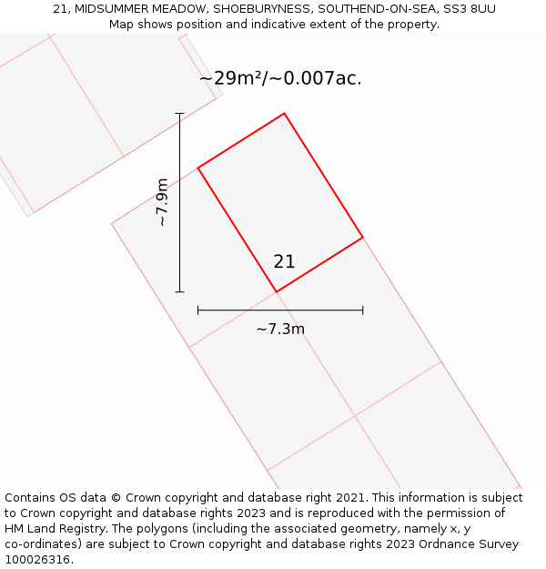21, MIDSUMMER MEADOW, SHOEBURYNESS, SOUTHEND-ON-SEA, SS3 8UU: Plot and title map