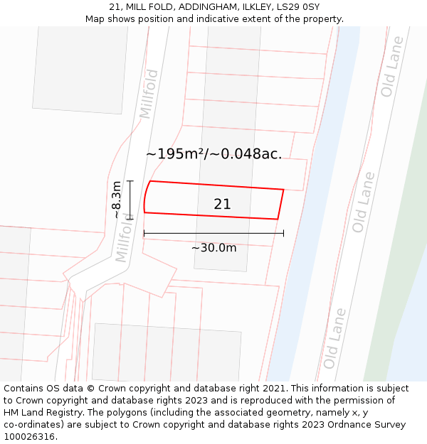 21, MILL FOLD, ADDINGHAM, ILKLEY, LS29 0SY: Plot and title map