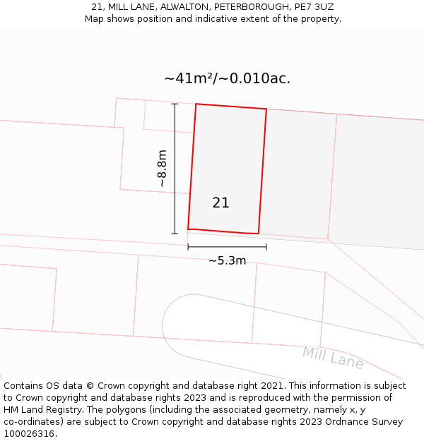 21, MILL LANE, ALWALTON, PETERBOROUGH, PE7 3UZ: Plot and title map