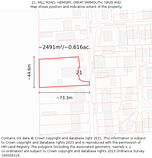 21, MILL ROAD, HEMSBY, GREAT YARMOUTH, NR29 4ND: Plot and title map
