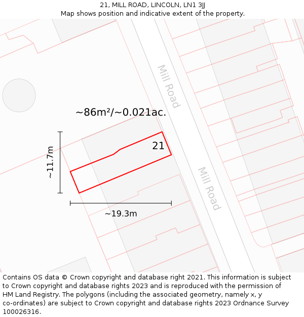 21, MILL ROAD, LINCOLN, LN1 3JJ: Plot and title map
