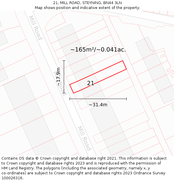 21, MILL ROAD, STEYNING, BN44 3LN: Plot and title map