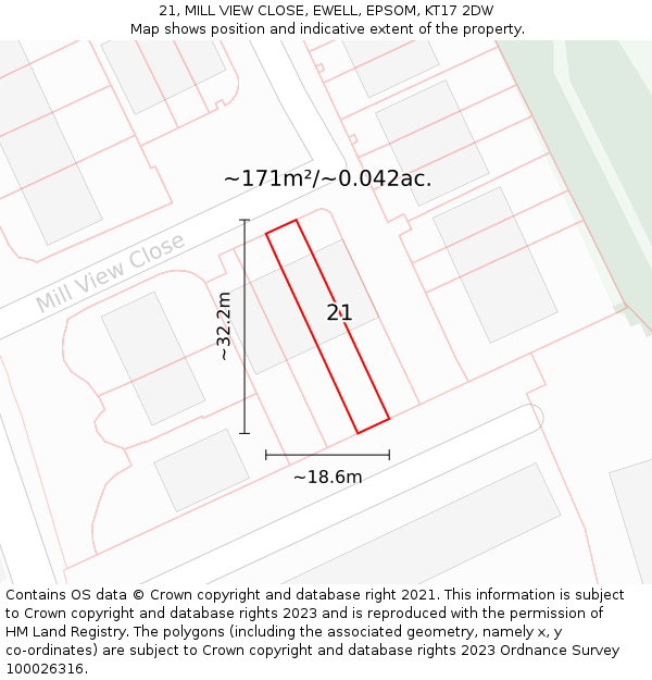 21, MILL VIEW CLOSE, EWELL, EPSOM, KT17 2DW: Plot and title map