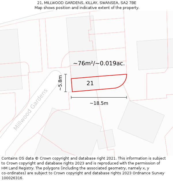 21, MILLWOOD GARDENS, KILLAY, SWANSEA, SA2 7BE: Plot and title map