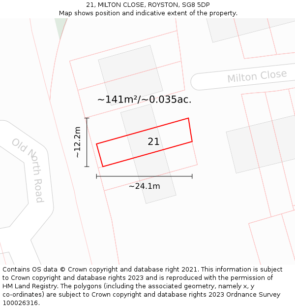 21, MILTON CLOSE, ROYSTON, SG8 5DP: Plot and title map