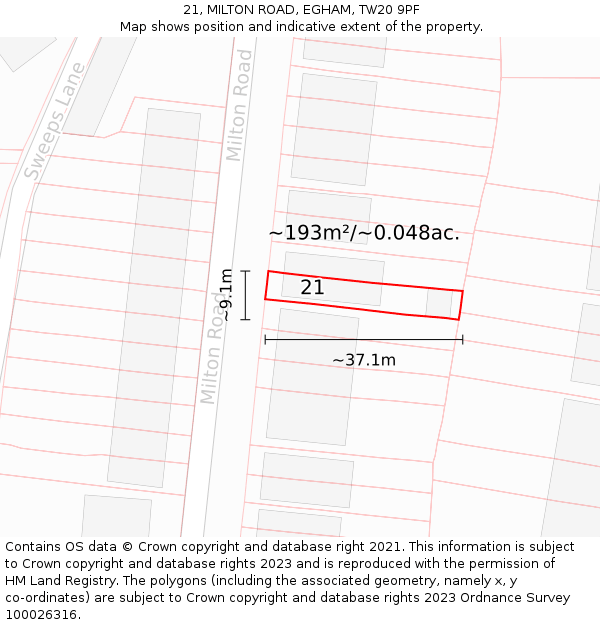 21, MILTON ROAD, EGHAM, TW20 9PF: Plot and title map