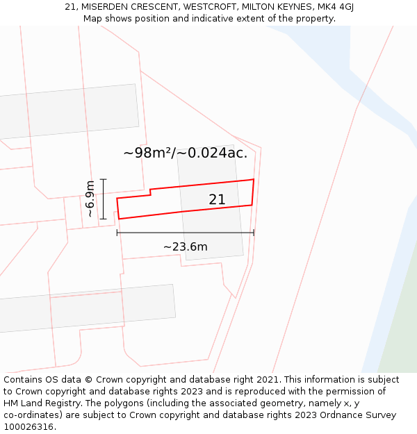 21, MISERDEN CRESCENT, WESTCROFT, MILTON KEYNES, MK4 4GJ: Plot and title map