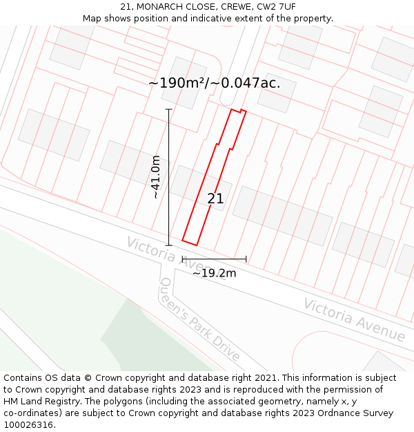 21, MONARCH CLOSE, CREWE, CW2 7UF: Plot and title map