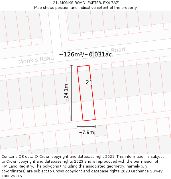 21, MONKS ROAD, EXETER, EX4 7AZ: Plot and title map