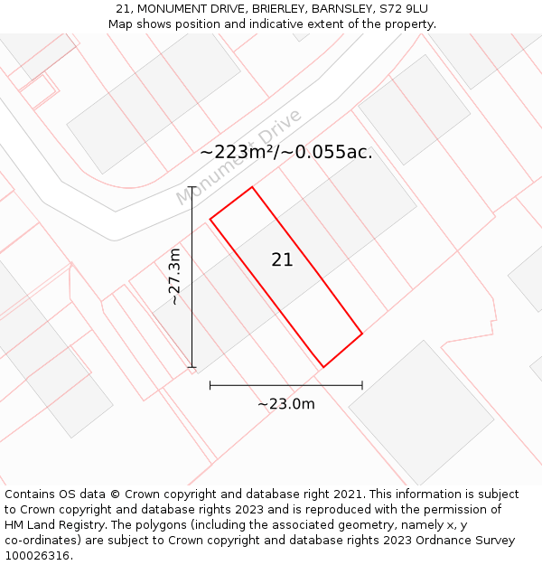 21, MONUMENT DRIVE, BRIERLEY, BARNSLEY, S72 9LU: Plot and title map