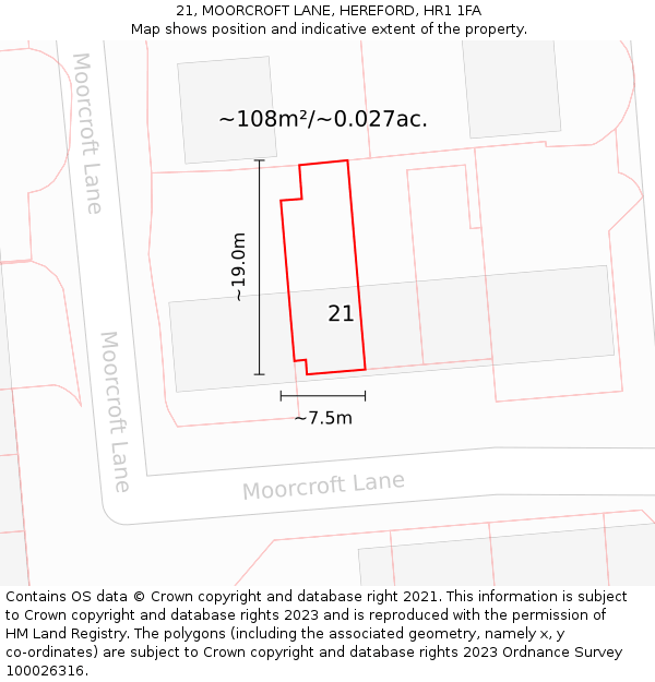 21, MOORCROFT LANE, HEREFORD, HR1 1FA: Plot and title map