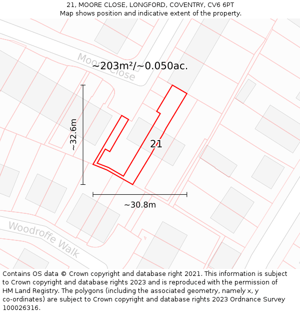 21, MOORE CLOSE, LONGFORD, COVENTRY, CV6 6PT: Plot and title map