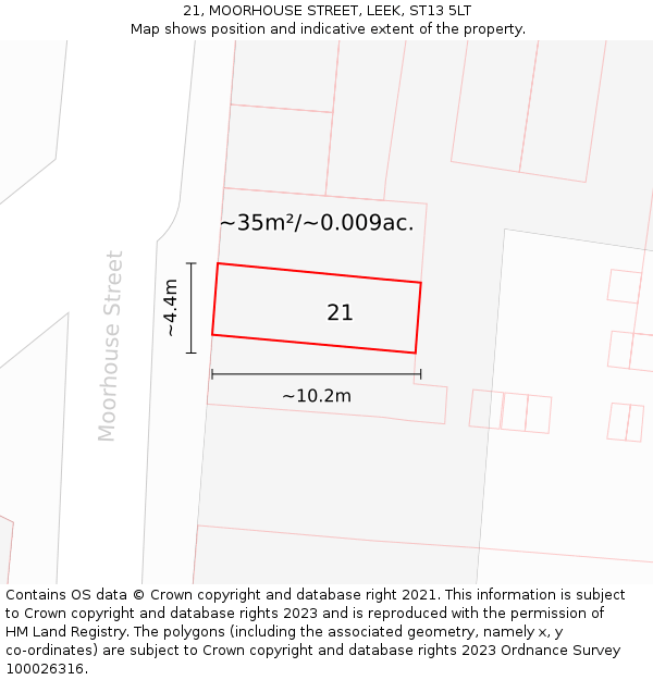 21, MOORHOUSE STREET, LEEK, ST13 5LT: Plot and title map